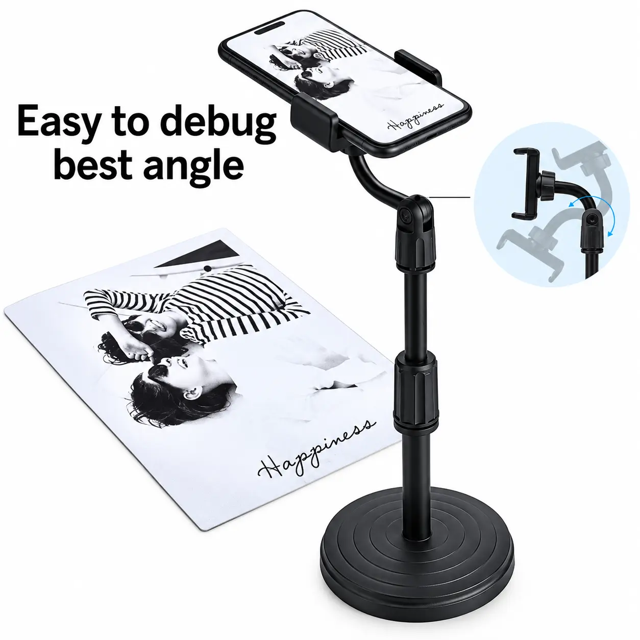Adjustable desktop mobile phone stand holding smartphone in vertical and horizontal view