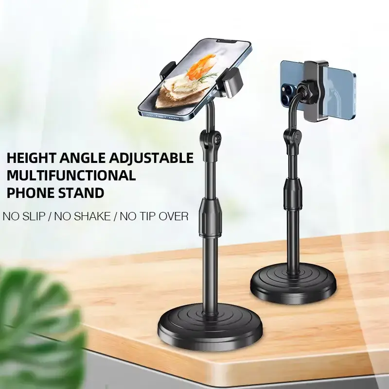 Adjustable desktop mobile phone stand holding smartphone in vertical and horizontal view