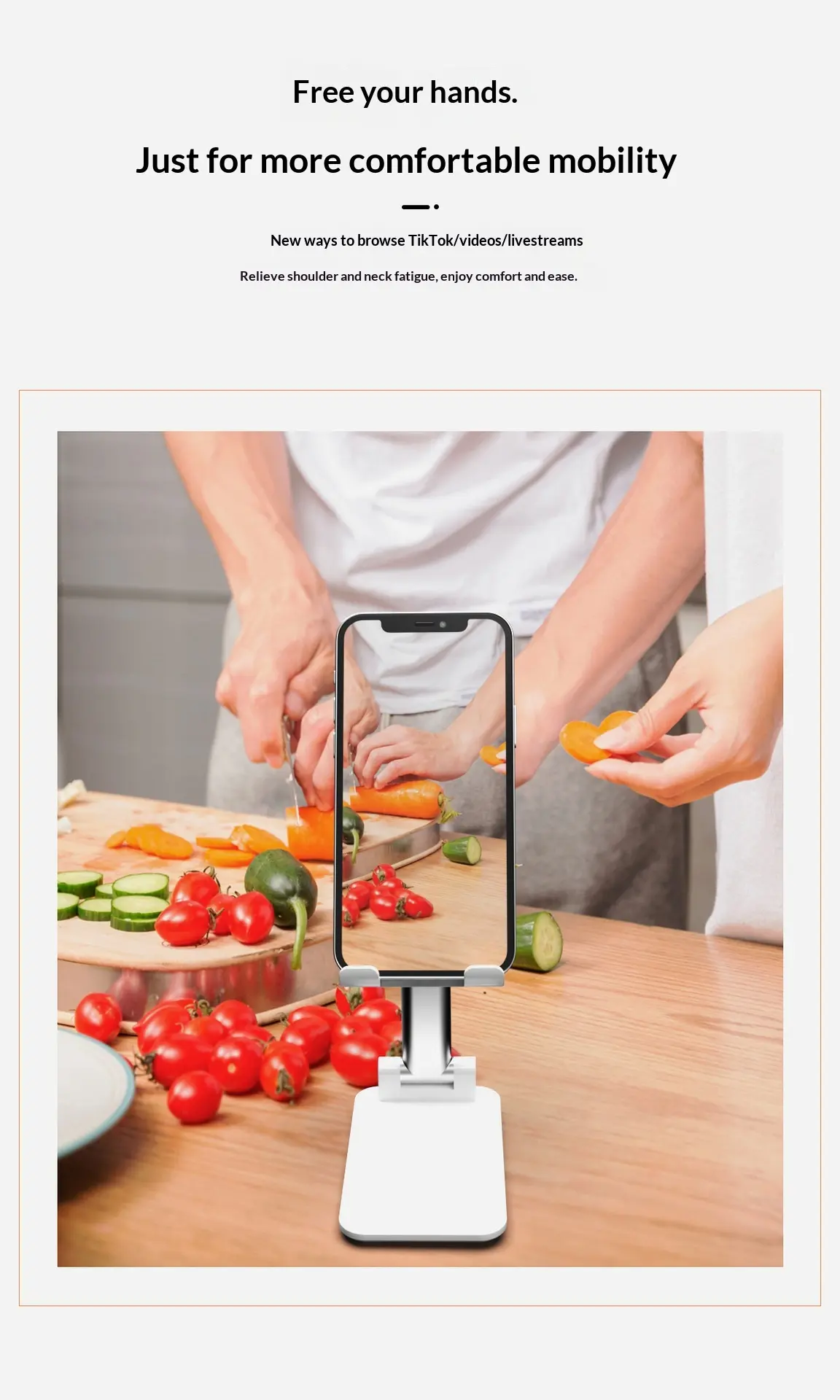 Adjustable and foldable white desktop mobile phone stand with anti-slip pad and telescopic arm.