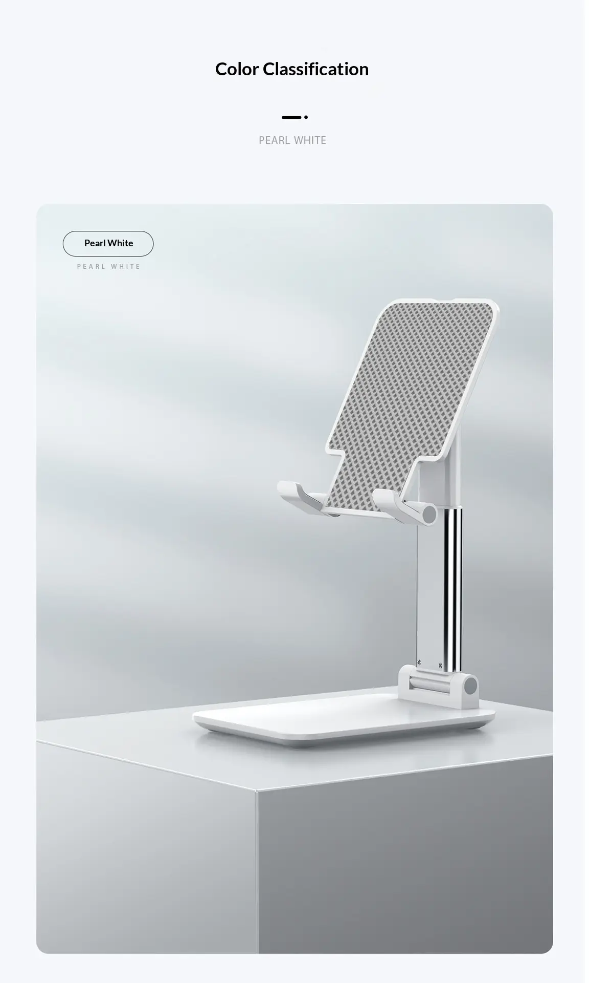 Adjustable and foldable white desktop mobile phone stand with anti-slip pad and telescopic arm.