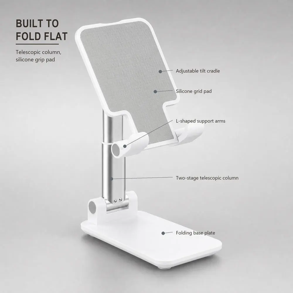Adjustable and foldable white desktop mobile phone stand with anti-slip pad and telescopic arm.