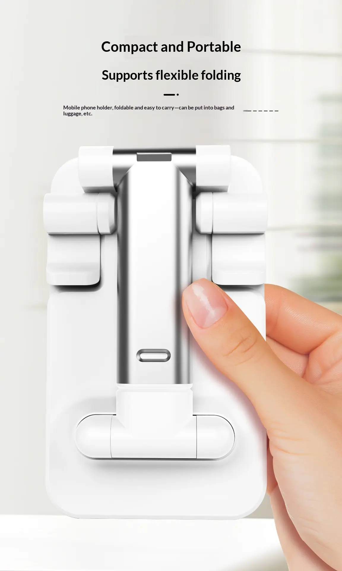 Adjustable and foldable white desktop mobile phone stand with anti-slip pad and telescopic arm.