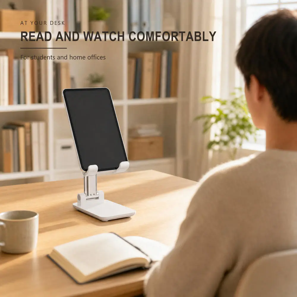 Adjustable and foldable white desktop mobile phone stand with anti-slip pad and telescopic arm.