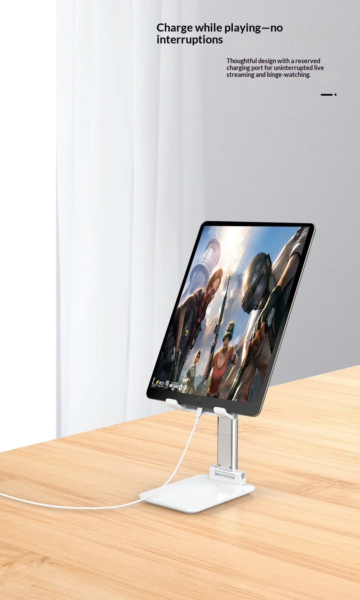 Adjustable and foldable white desktop mobile phone stand with anti-slip pad and telescopic arm.