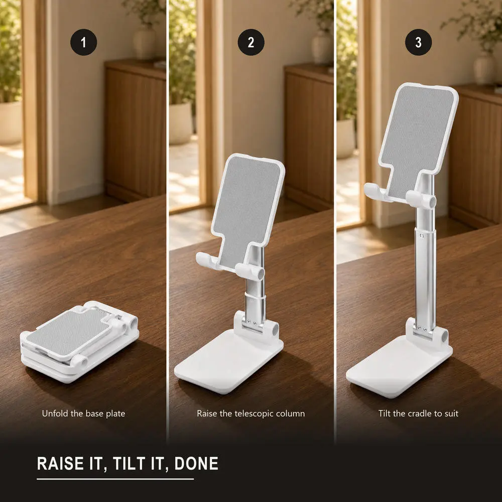 Adjustable and foldable white desktop mobile phone stand with anti-slip pad and telescopic arm.