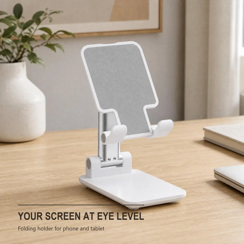 Adjustable and foldable white desktop mobile phone stand with anti-slip pad and telescopic arm.