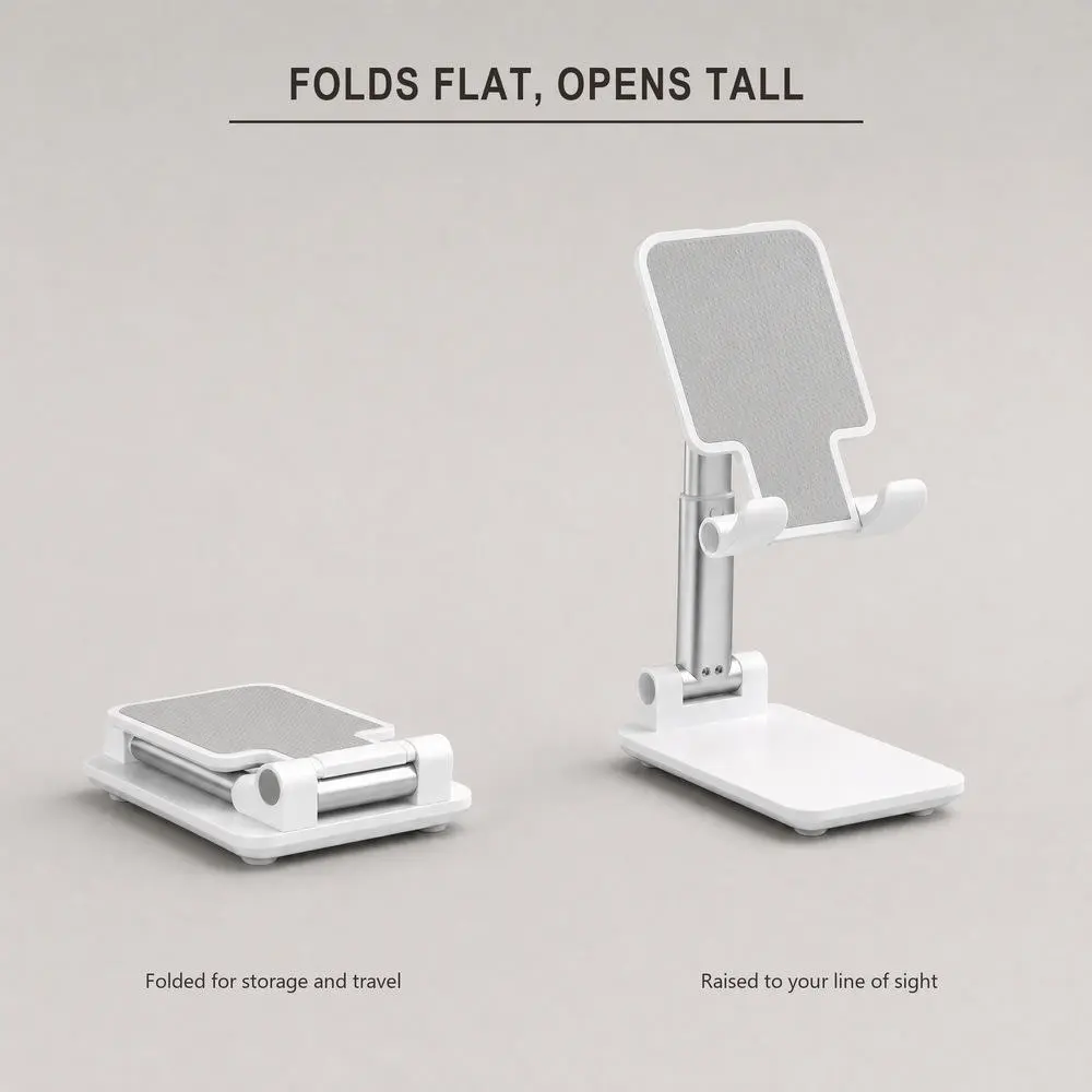 Adjustable and foldable white desktop mobile phone stand with anti-slip pad and telescopic arm.