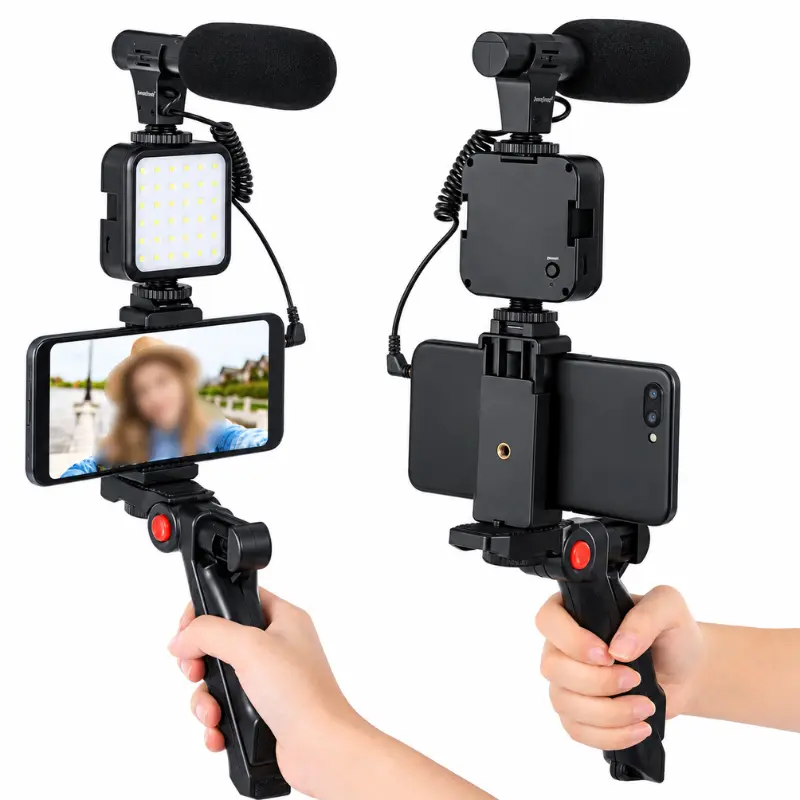 AY-49 Vlogging Kit setup with smartphone tripod stand, LED fill light, noise reduction shotgun microphone, and Bluetooth remote shutter for video recording.