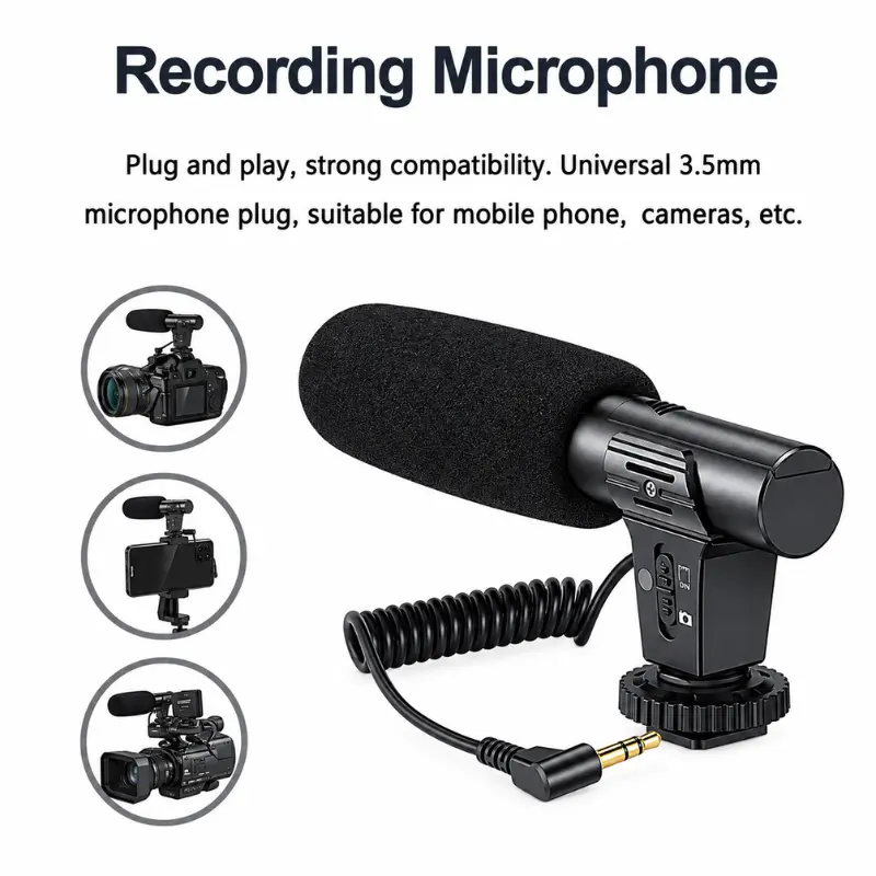 AY-49 Vlogging Kit setup with smartphone tripod stand, LED fill light, noise reduction shotgun microphone, and Bluetooth remote shutter for video recording.