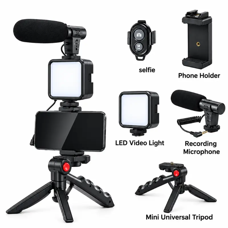 AY-49 Vlogging Kit setup with smartphone tripod stand, LED fill light, noise reduction shotgun microphone, and Bluetooth remote shutter for video recording.