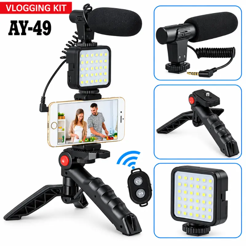 AY-49 Vlogging Kit setup with smartphone tripod stand, LED fill light, noise reduction shotgun microphone, and Bluetooth remote shutter for video recording.