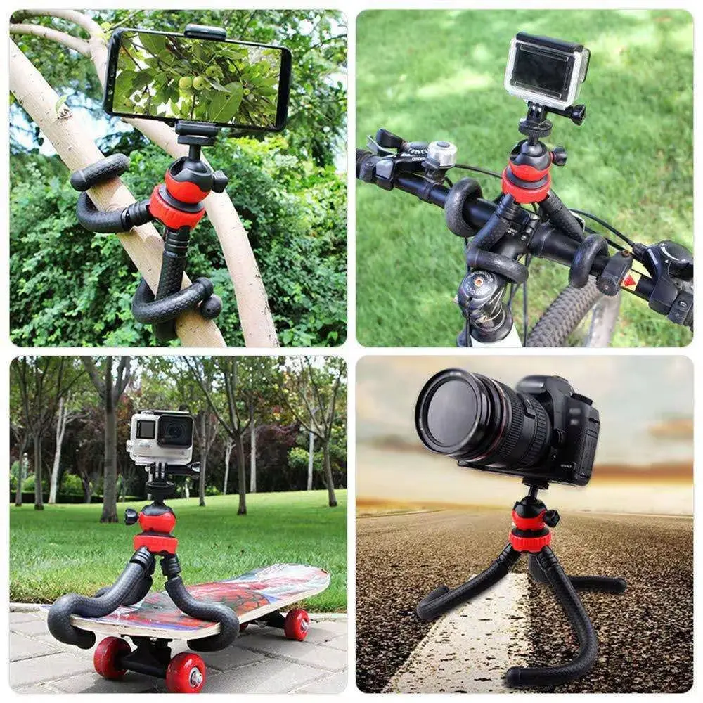 Flexible octopus tripod stand supporting a DSLR camera and a smartphone
