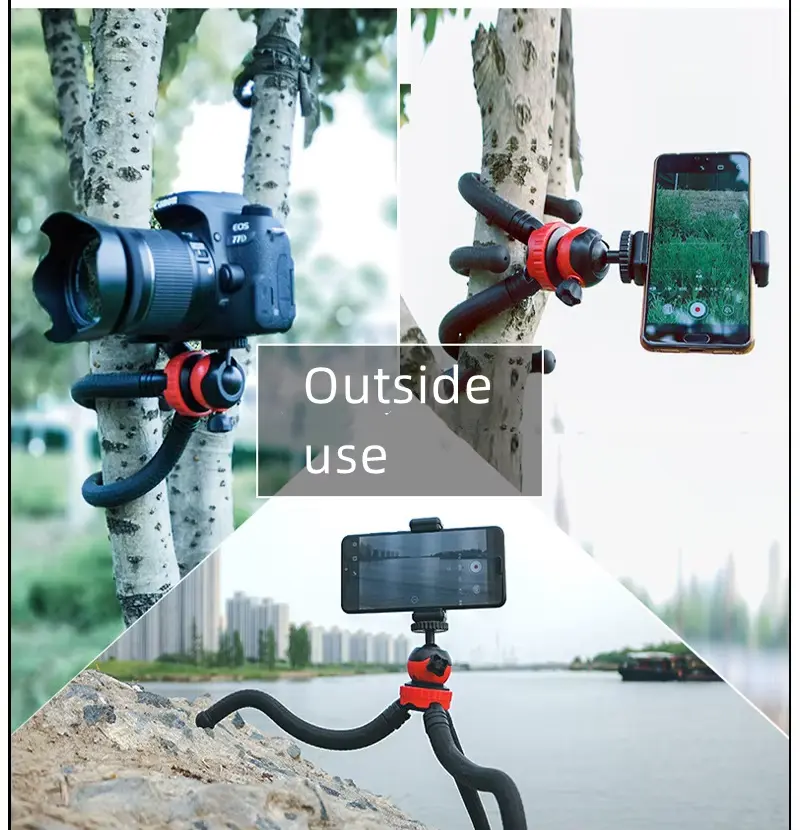 Flexible octopus tripod stand supporting a DSLR camera and a smartphone