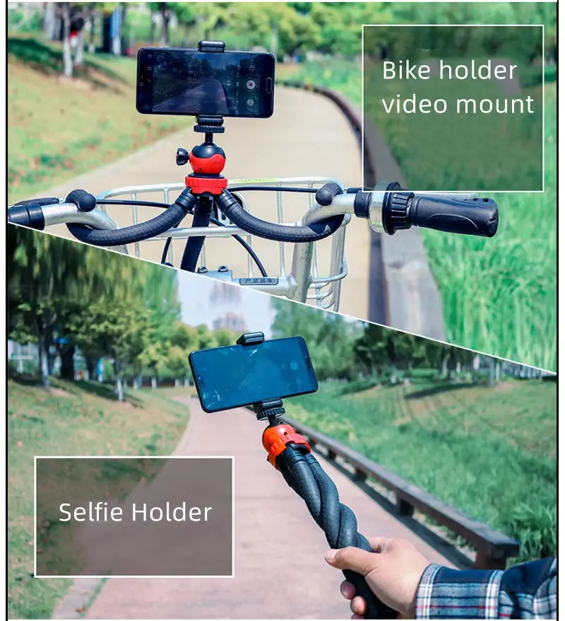 Flexible octopus tripod stand supporting a DSLR camera and a smartphone