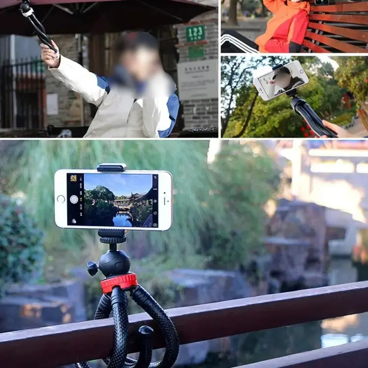 Flexible octopus tripod stand supporting a DSLR camera and a smartphone