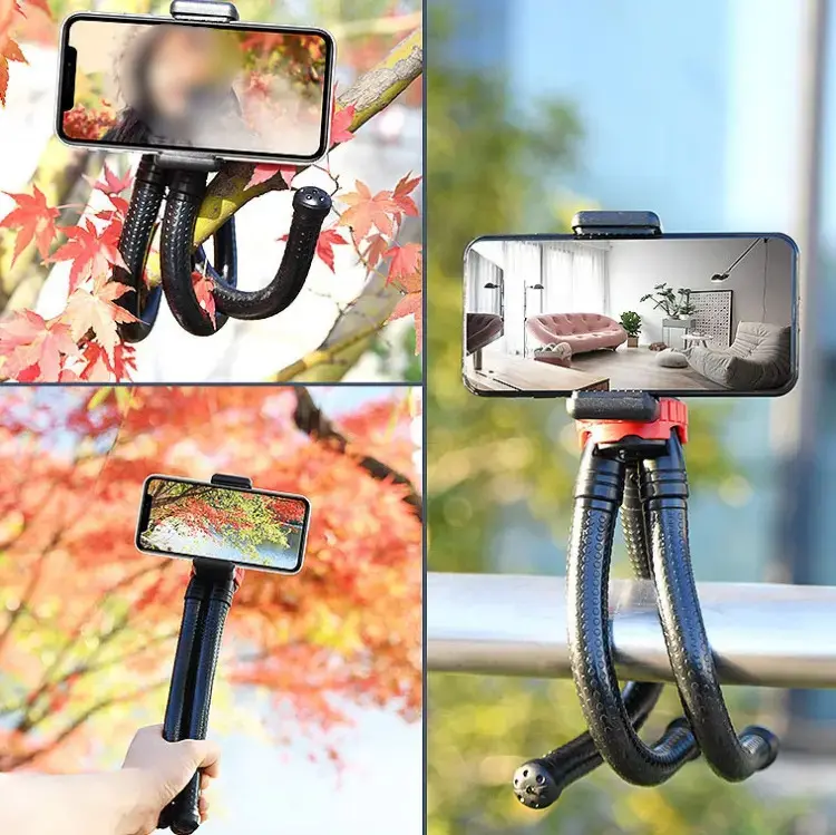Flexible octopus tripod stand supporting a DSLR camera and a smartphone