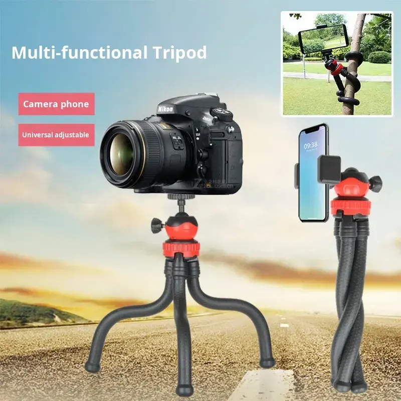 Flexible octopus tripod stand supporting a DSLR camera and a smartphone