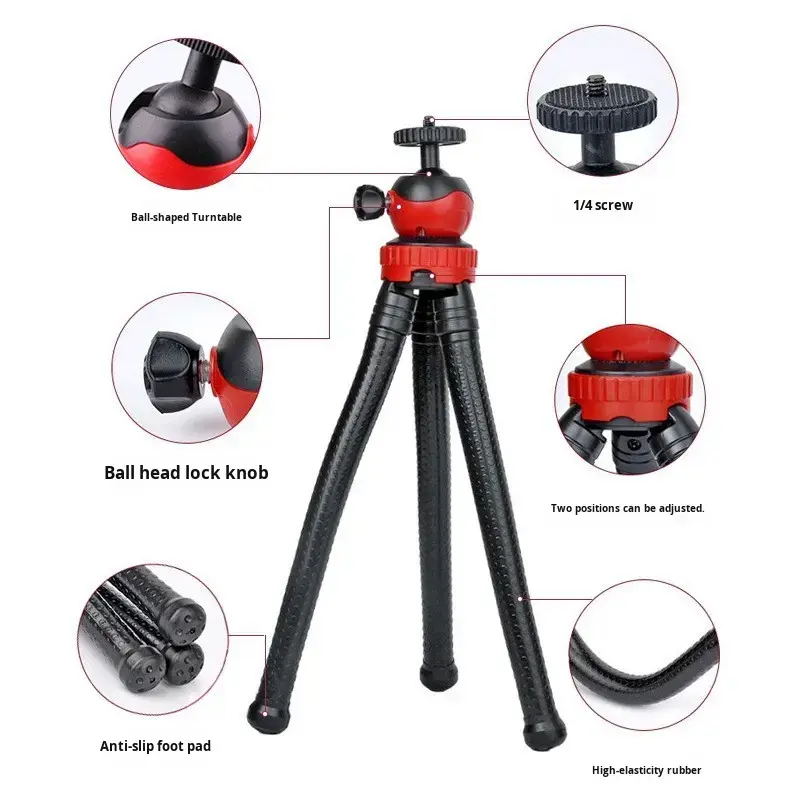 Flexible octopus tripod stand supporting a DSLR camera and a smartphone