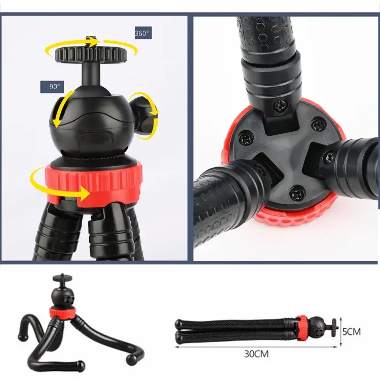Flexible octopus tripod stand supporting a DSLR camera and a smartphone