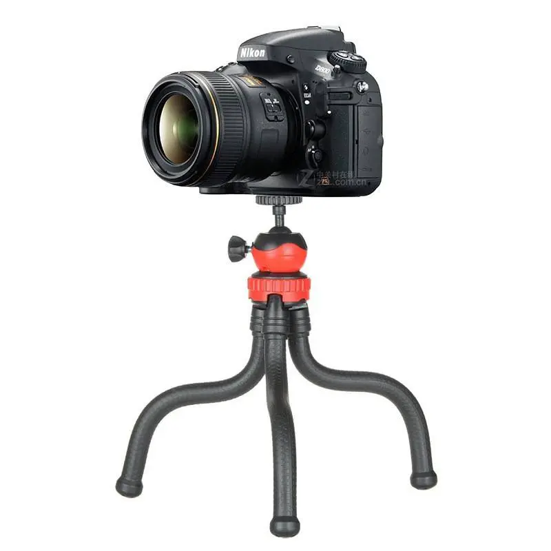 Flexible octopus tripod stand supporting a DSLR camera and a smartphone