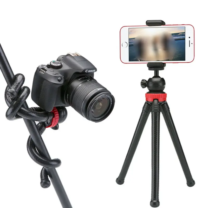 Flexible octopus tripod stand supporting a DSLR camera and a smartphone