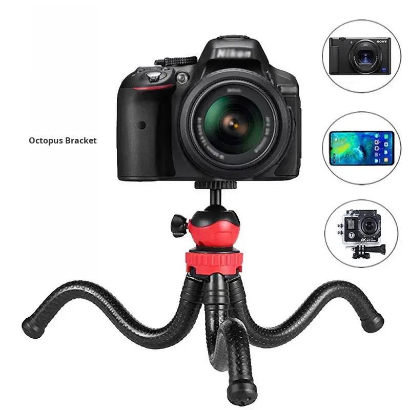 Flexible octopus tripod stand supporting a DSLR camera and a smartphone
