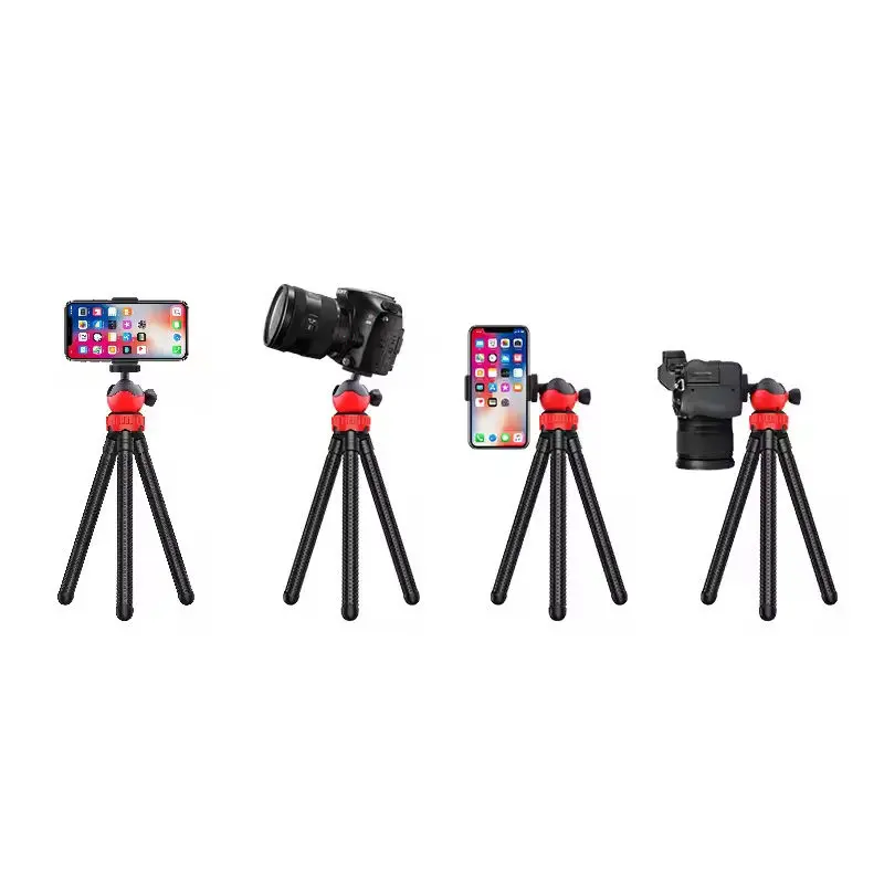 Flexible octopus tripod stand supporting a DSLR camera and a smartphone