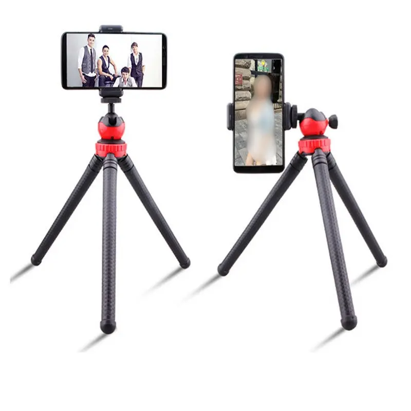Flexible octopus tripod stand supporting a DSLR camera and a smartphone