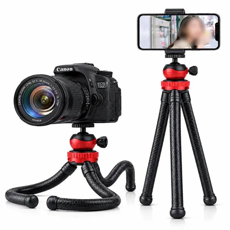 Flexible octopus tripod stand supporting a DSLR camera and a smartphone