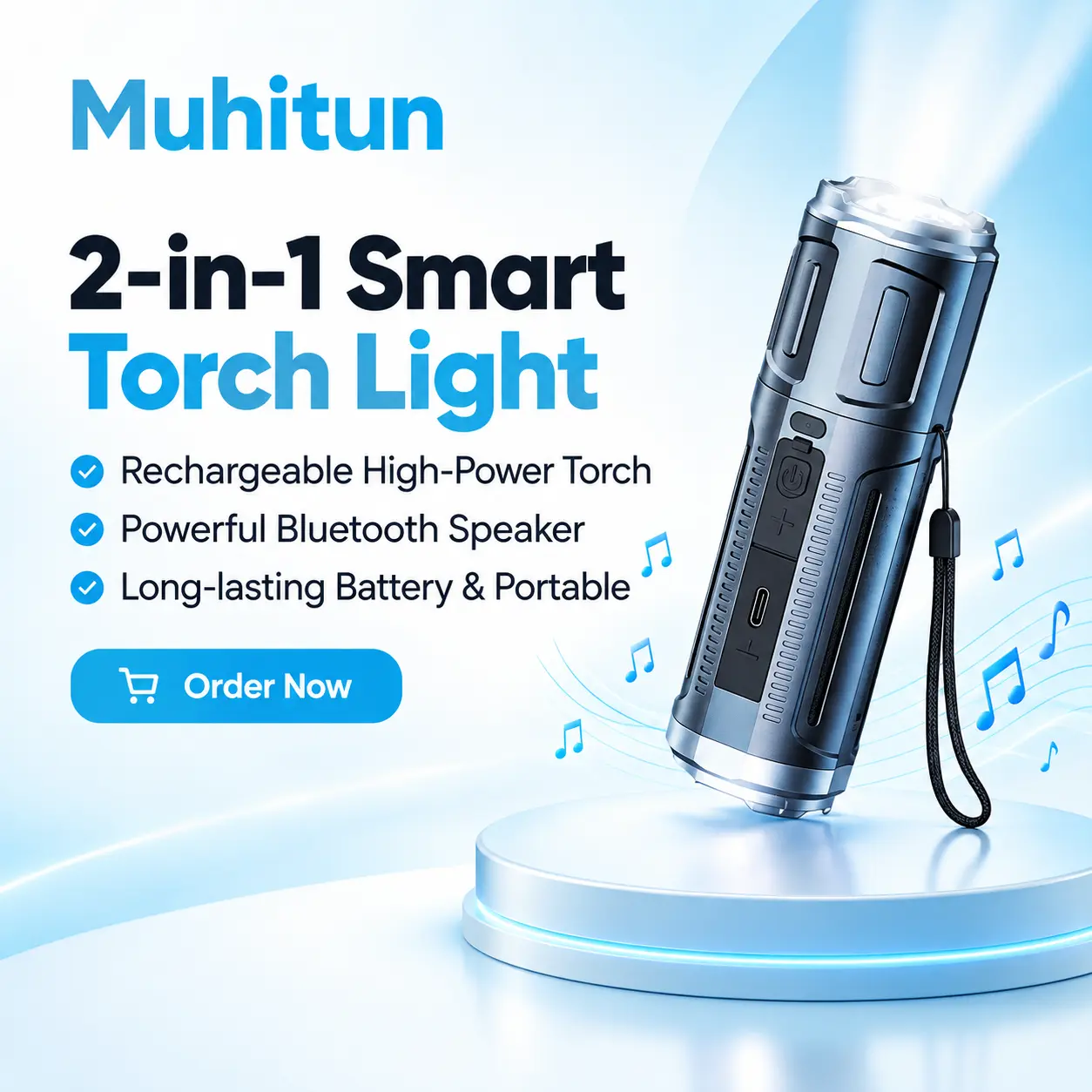 muhitun 2in1 rechargeable torch light bluetooth speaker