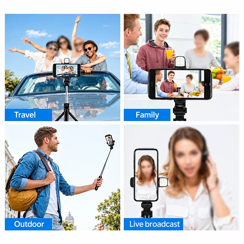 Q07 black extendable bluetooth selfie stick tripod stand with smartphone holder and mini LED fill light