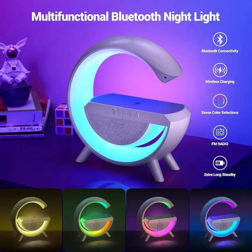 G-shape multifunctional RGB light Bluetooth speaker with wireless charger and FM radio