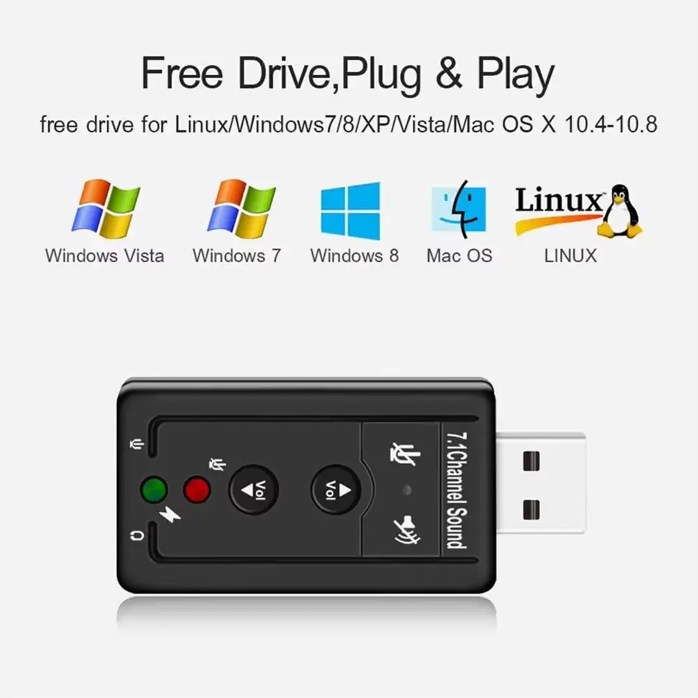 USB 7.1 channel external sound card adapter with volume control and mic audio jacks