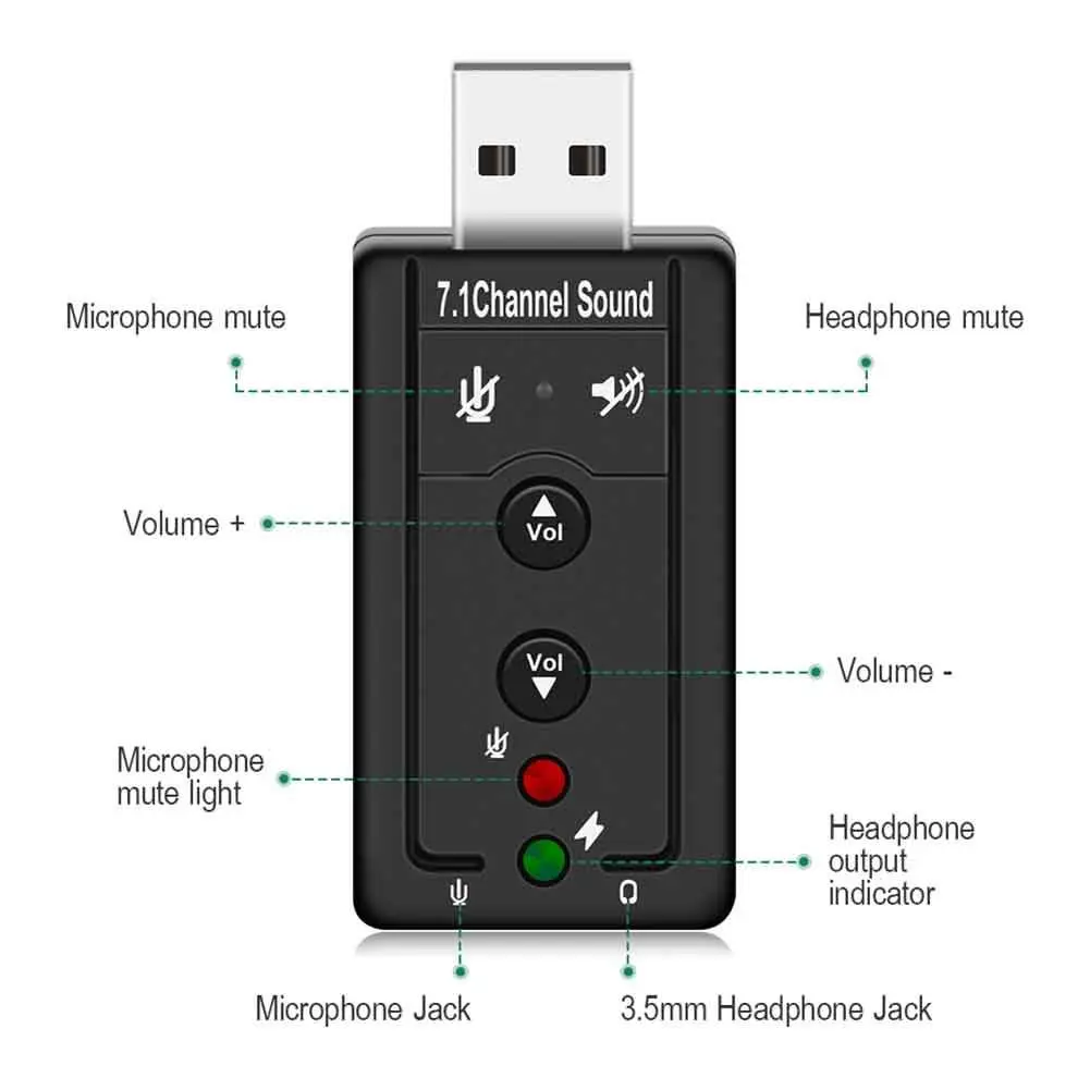 USB 7.1 channel external sound card adapter with volume control and mic audio jacks