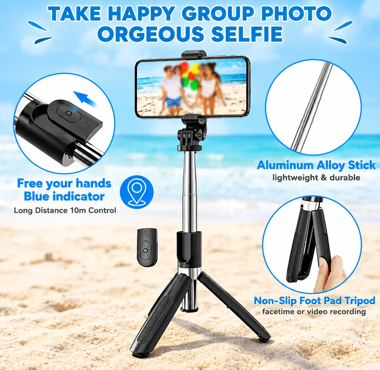 XT-02 Bluetooth Selfie Stick Tripod with 360 Degree Rotation and Wireless Remote